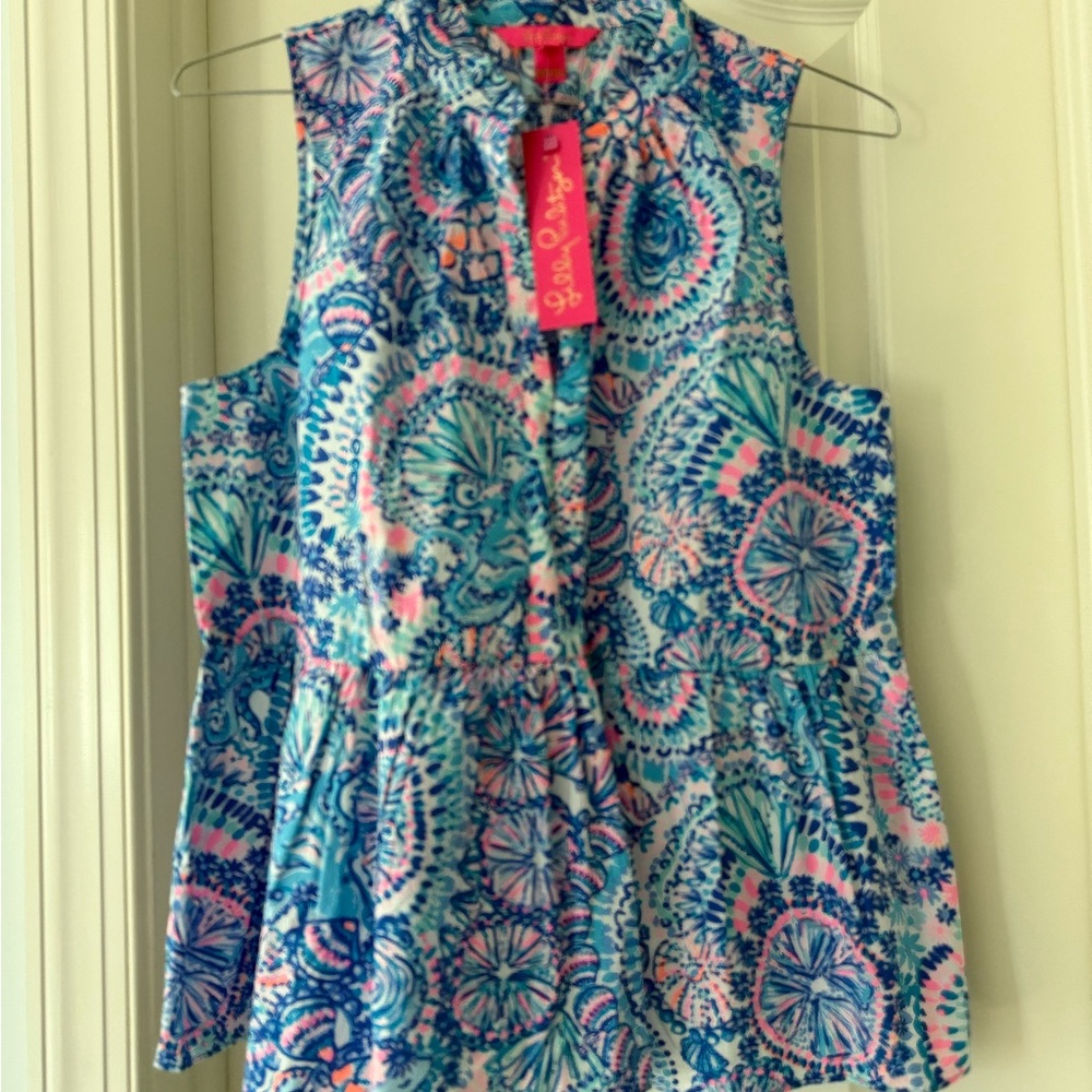*NWT* Lilly Pulitzer Novella Ruffle Hem Blue and Pink Sleeveless Top